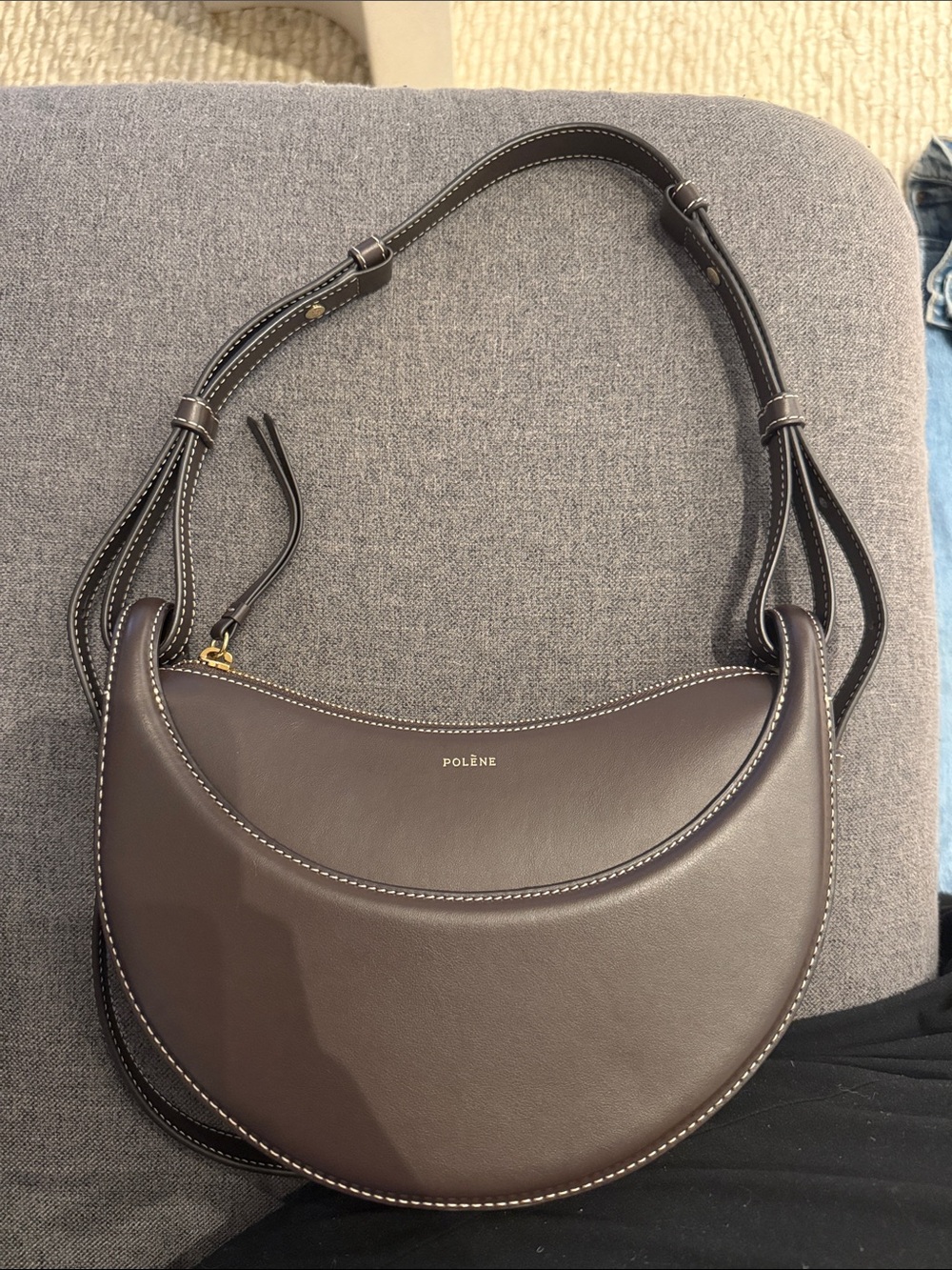 Polene Crescent Brown Leather Shoulder Bag